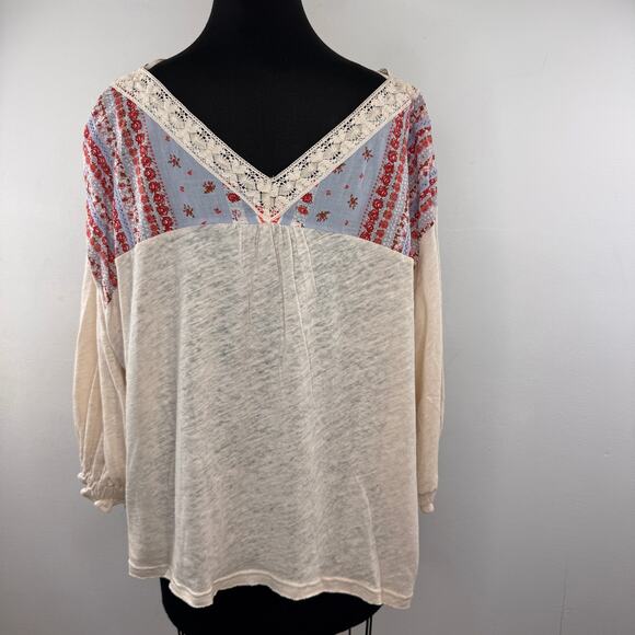 Free People Prairie Days Multi Blouse Linen Lace-Trim Dolman Sleeve Size Large L - Picture 4 of 7
